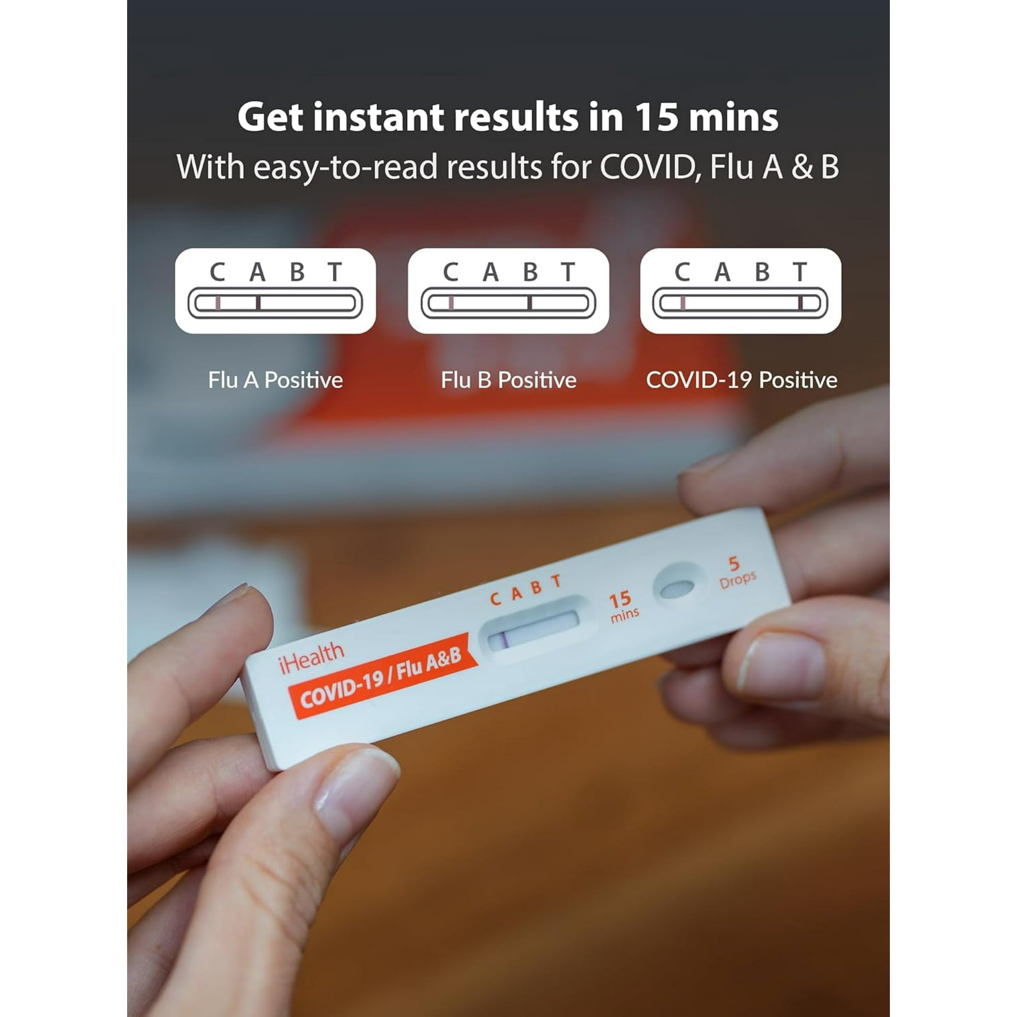 iHealth COVID-19 Flu A & B 3-in-1 Rapid Antigen Test Kit packaging with two OTC at-home tests.
