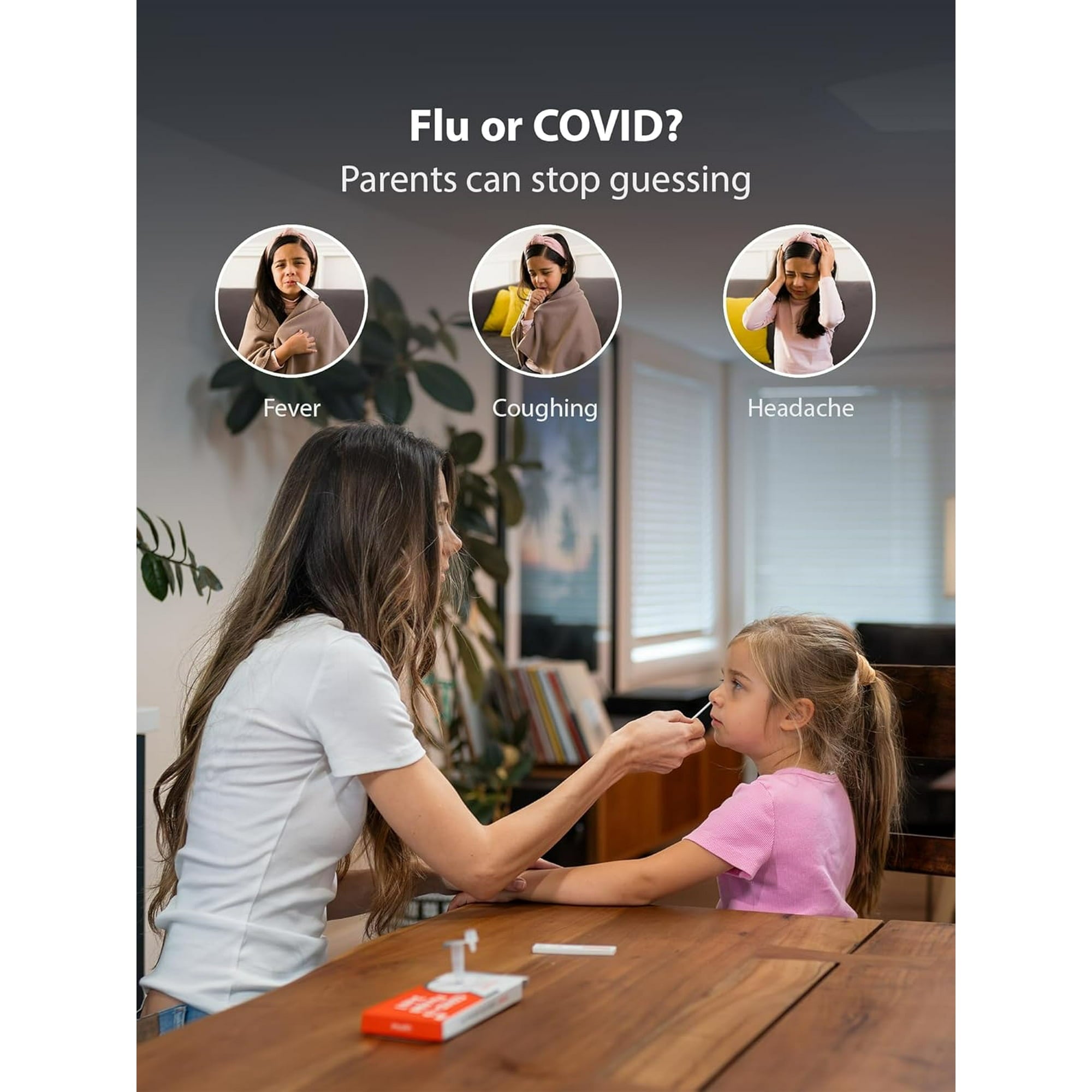 Parent using the iHealth COVID-19 & Flu A/B at-home rapid test on child with flu or COVID symptoms such as fever, coughing, and headache.